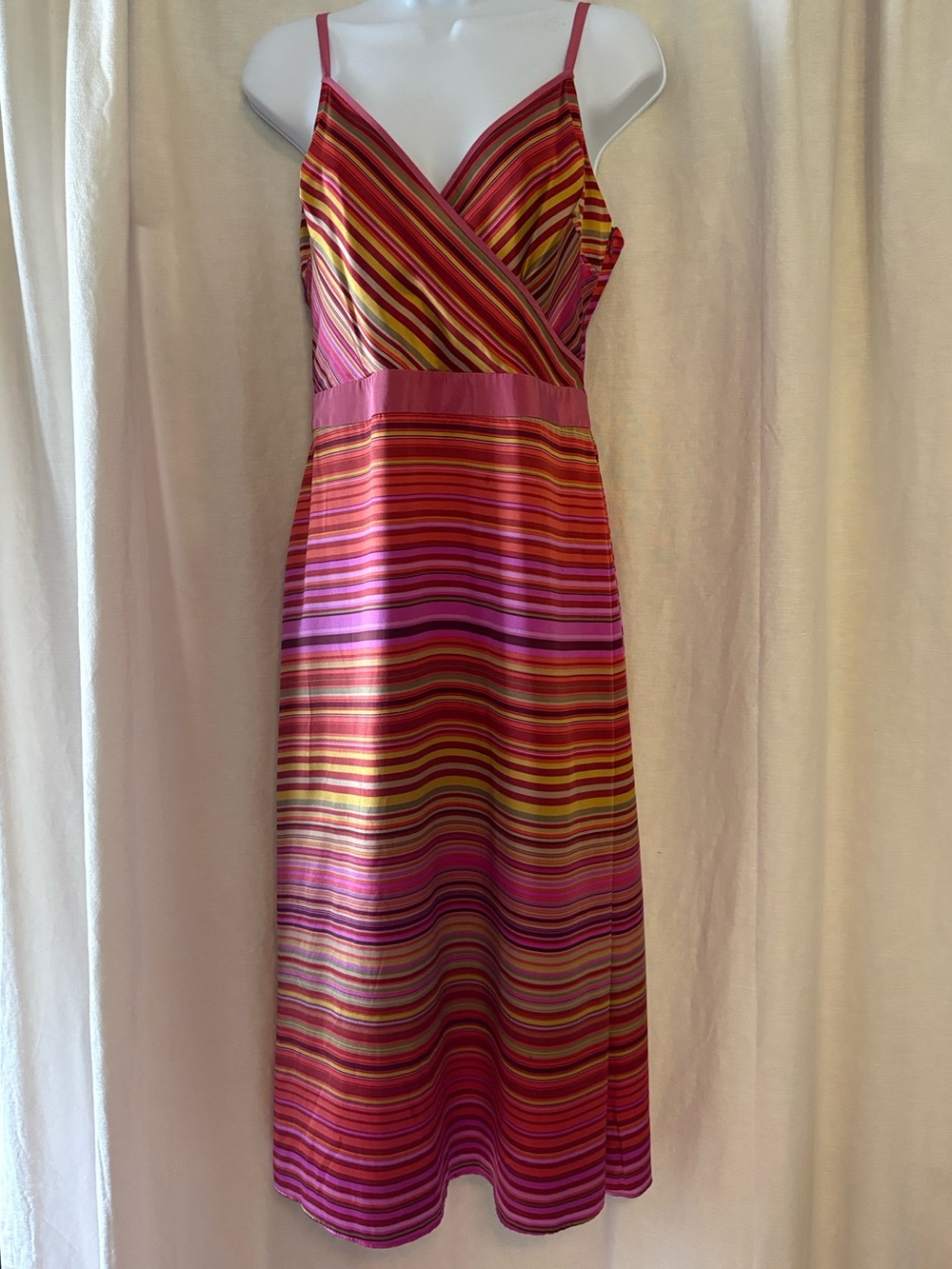 Striped Silk Slip Dress in Multi Pink Gold Maroon Green